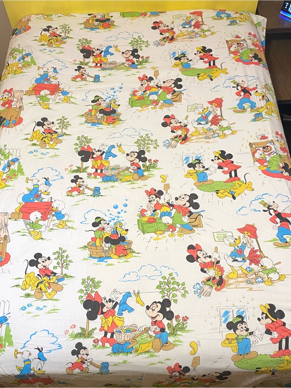 Vintage Disney Mickey and Friends Chores Print Twin Flat Sheet